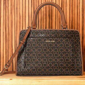 NWOT Calvin Klein Margot Textured Logo Emboss Tote Satchel Brown/Khaki